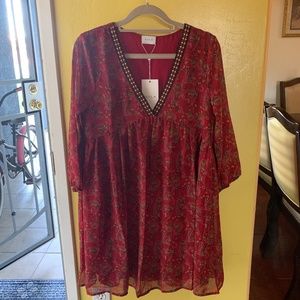 ASOS boho floral red mini babydoll dress size 4 small
